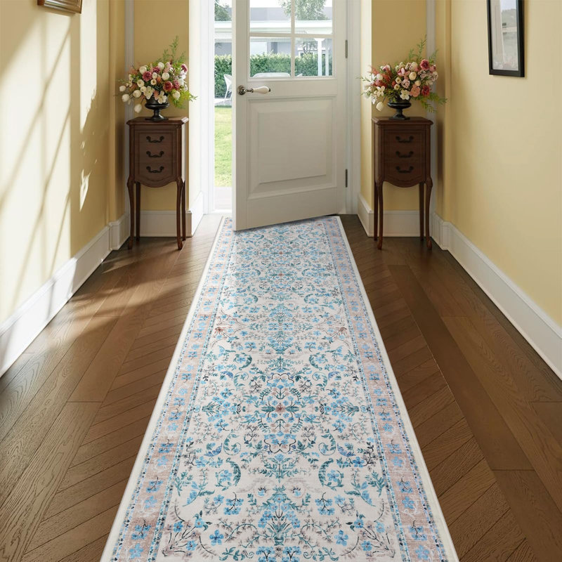 Area Rug 2x6 for Living Room, Washable Non Slip Low Pile Rugs, Floral Soft Carpet for Entryway, Kitchen, Hallways, Blue