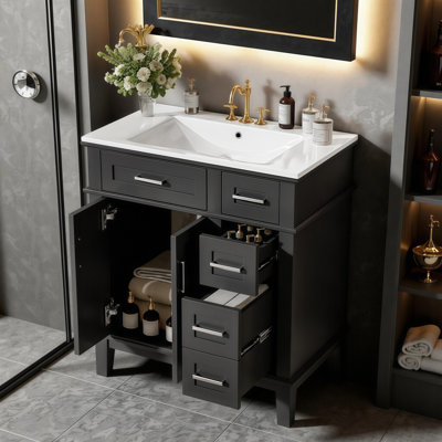 Ultimate Storage Elegance: meuble-lavabo moderne avec portes à fermeture en douceur, lavabo en céramique et solutions de rangement intelligentes pour votre sanctuaire