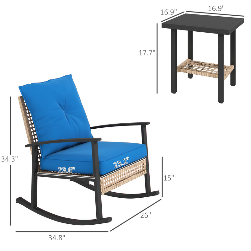 Fauteuil à bascule et table d'appoint pour patio - Mobilier d'extérieur 3 pièces, Naturel, Acier galvanisé enduit de poudre bleu foncé