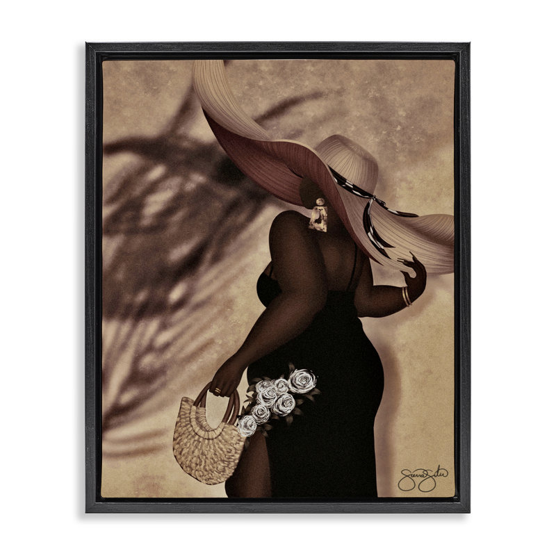 Femme élégante avec cadre flottant chapeau de soleil, design par Sierra Siler, Cadre flottant noir de jais, H 21 po x l 17 po