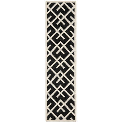 Rodgers Hand Woven Flat Weave Wool/Cotton Geometric Rug in Black/Ivory