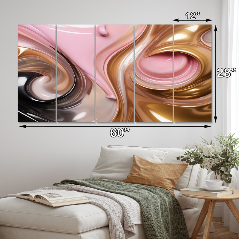 «Whimsical Lquid Pink and Gold Glam Art I», reproduction d'art abstrait de formes abstraites - 5 panneaux égaux