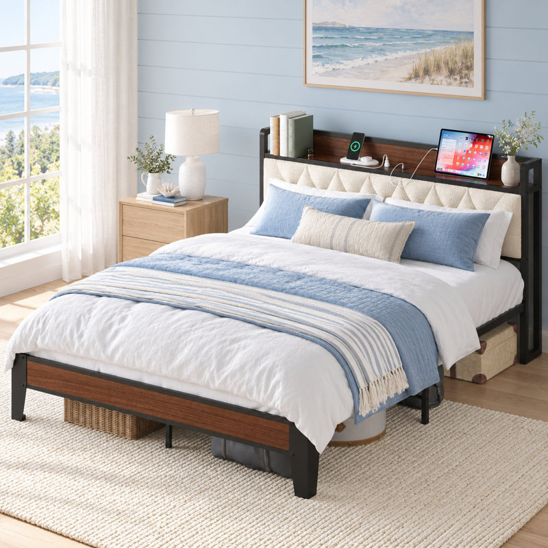 Queen Size Bed Frame with Headboard and Charging Station, Queen, Walnut