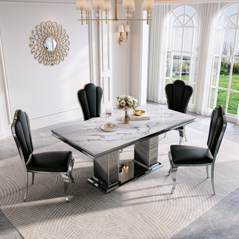 Marble Dining Table For 4 People, 70.08'' Rectangle Faux Marble Dining Table With Mirrored Finish Metal Base For Kitchen, Living Room