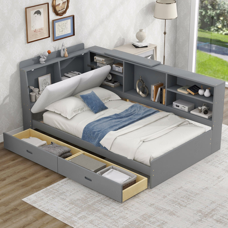 Twin Wood Platform Bed Frame, Storage Headboard, Shelves, 2 Drawers, Gray