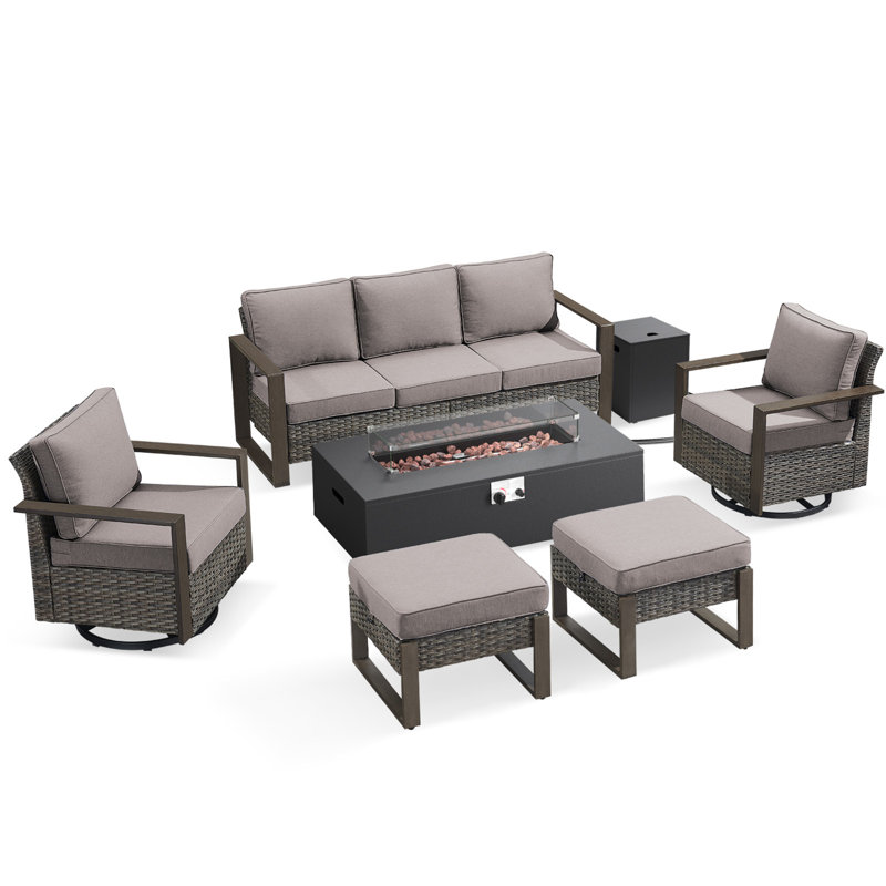 Bruner 6-Piece All Weather Wicker Patio Fire Pit Table Conversation Set With Hidden Tank Holder, Swivel Gliders And Ottomans