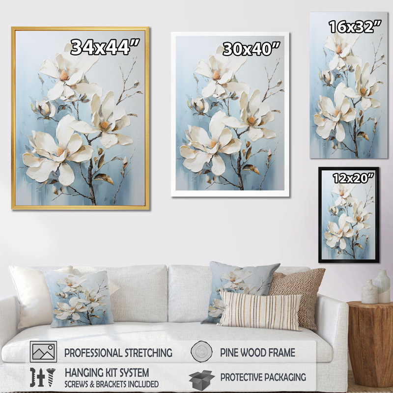 «Magnolias Blossom III» blanc et bleu sur toile, Cadre flottant noir, H 40 po x l 30 po x P 1,5 po