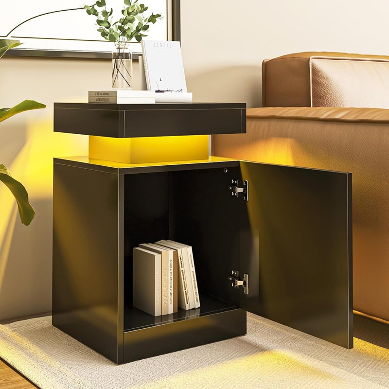Table de chevet, ensemble de 2 tables de chevet avec lumières DEL et armoire de rangement pour la chambre à coucher - noir