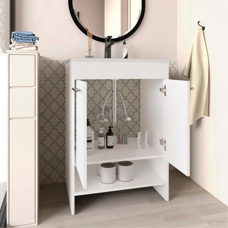 Meuble-lavabo avec quatre tiroirs et deux tablettes ouvertes, blanc