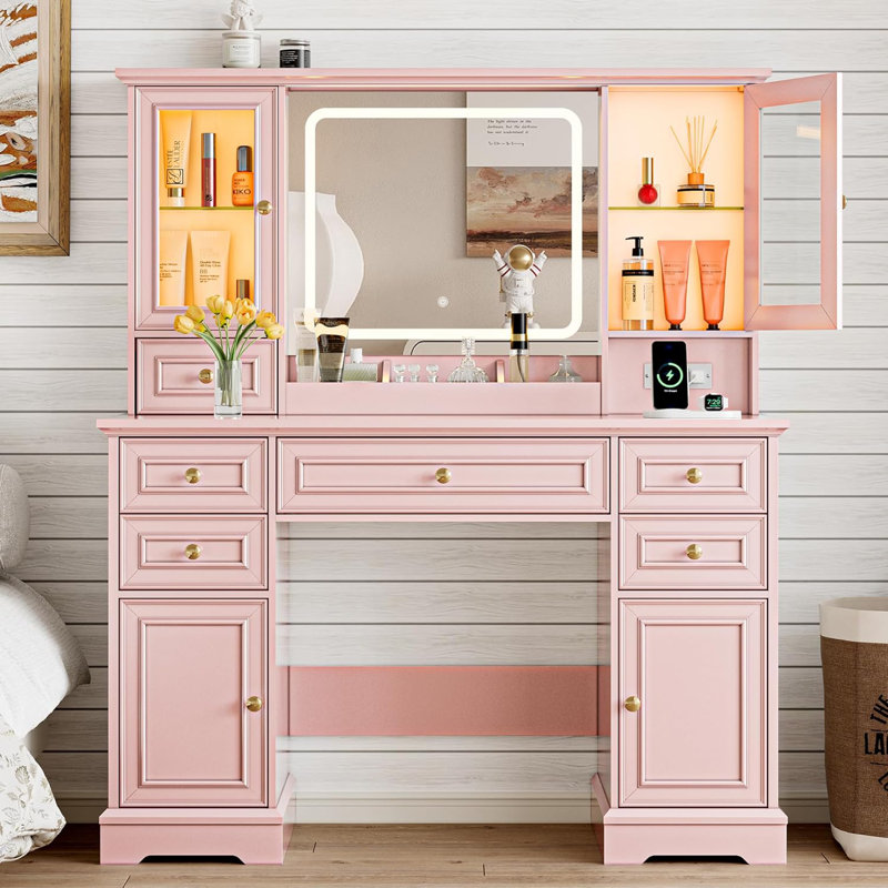 Modern Vanity Desk With HD Lighted Mirror & Power Outlet, Vanity Table With Storage Cabinet & 7 Drawers, with Brightness Lighting
