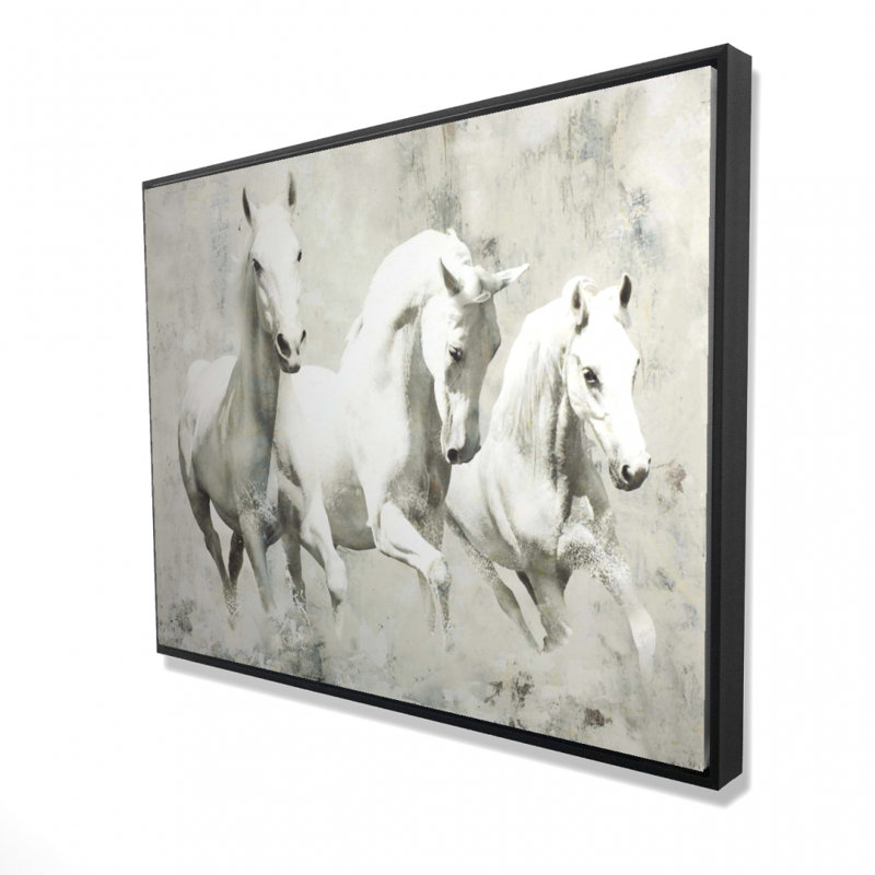 Trois chevaux blancs qui courent sur toile, H 48 po x l 36 po