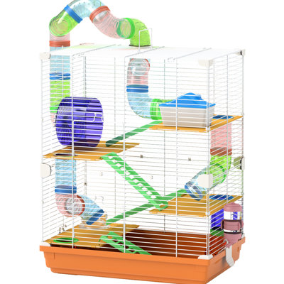 Petite cage à hamster 18 "à 5 niveaux avec tubes, tunnels, poignée de transport, orange, plat à nourriture, bouteille d'eau, roue d'exercice pour animal constitué par des hamsters et