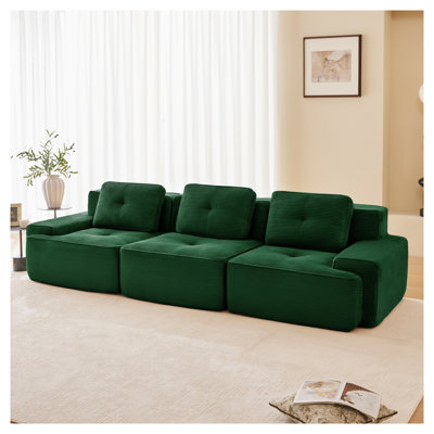 117" Modern Green Modular Sectional Sofa, Oversized 3-Seater Corduroy Couch with Deep Seats & Tufted Design
