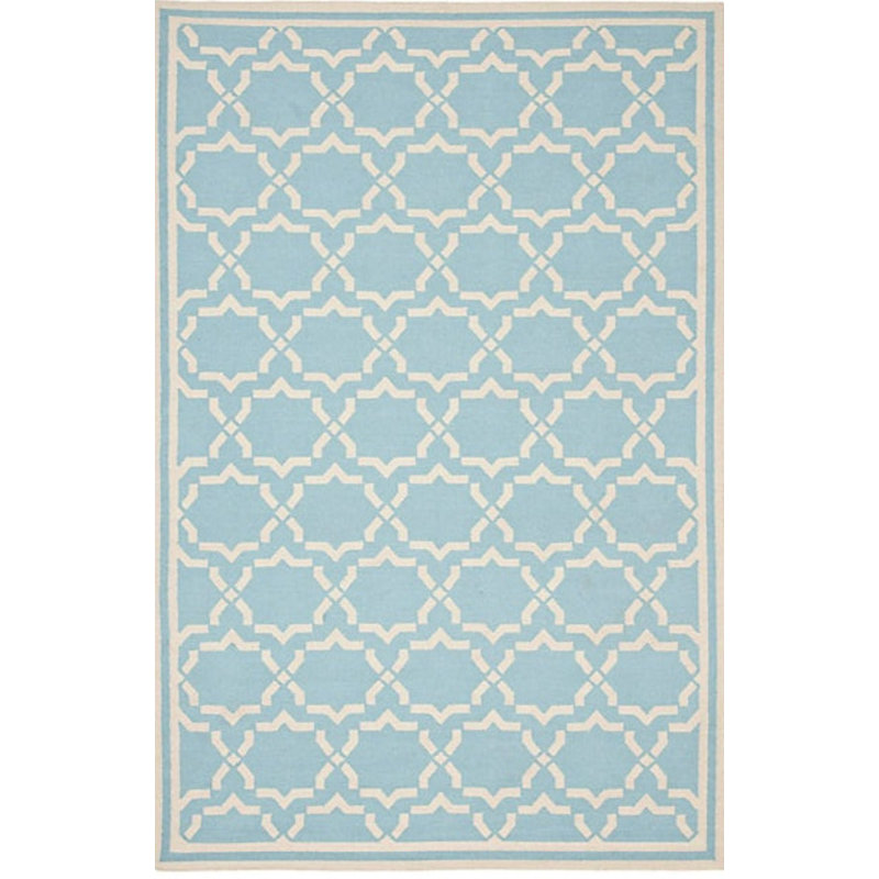 Hand-Knotted Ivory and Blue Wool Geometric Rug, 6' x 9'