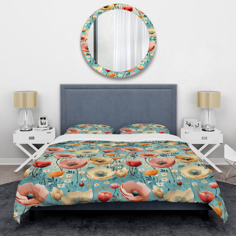 Literie à motif floral Playful Poppies Garden, Housse de couette pour grand lit et 2 taies décor