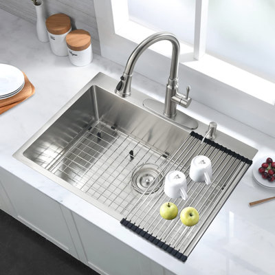 2 Single Bowl 30 In Stainless Steel Drop-In Sink With Soundproof Feature Stain Sink, Bottom Grid & Drainage Groove