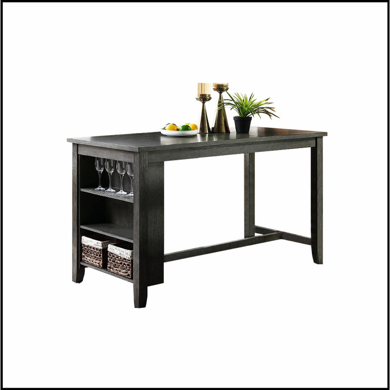 Table de salle à manger rectangulaire à hauteur de comptoir en bois avec rangement, finition noire épurée pour les intérieurs modernes et l'efficacité de l'espace.