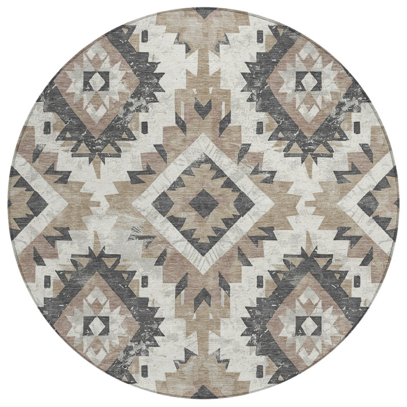Machine Washable Indoor/Outdoor Xhevrie Taupe Rug, Round 8'