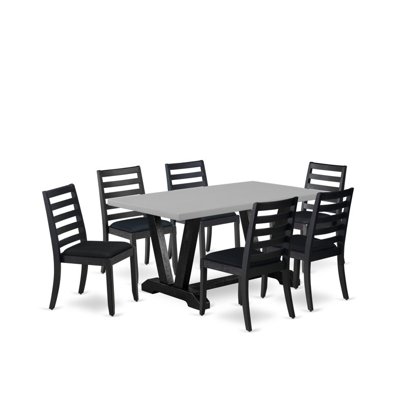L'ensemble de table de cuisine 7 pièces se compose d'une table de cuisine rectangulaire et de 6 chaises empilables en tissu de polyester noir, finition noire brossée