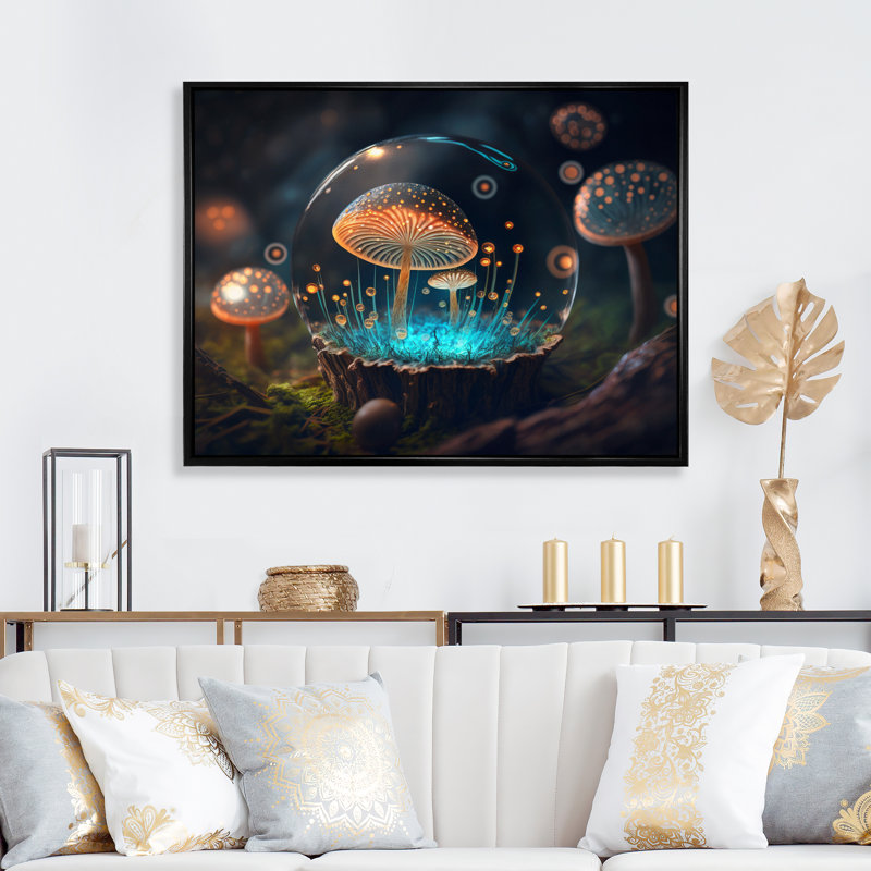 Ancienne alchimie - Champignons magiques I - Reproduction, H 34 po x l 44 po x P 1,5 po, Cadre flottant noir