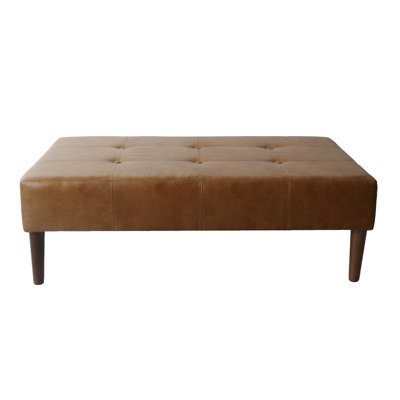Coffee Table Ottoman, Brown Wood And Tufted Faux Leather, 46 Inch