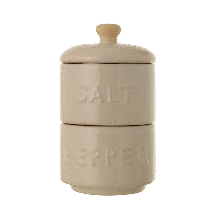 Beige Stackable Stoneware Salt and Pepper Pinch Pots with Lid