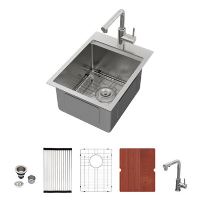 Évier de cuisine à cuve simple à montage sur plan en acier inoxydable de calibre 16 avec robinet escamotable L 16 po x l 20 po