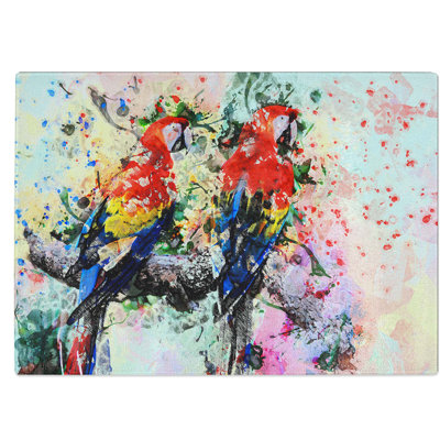 Tempered Glass Two Rainbow Macaw Parrots in Abstract Chopping Board