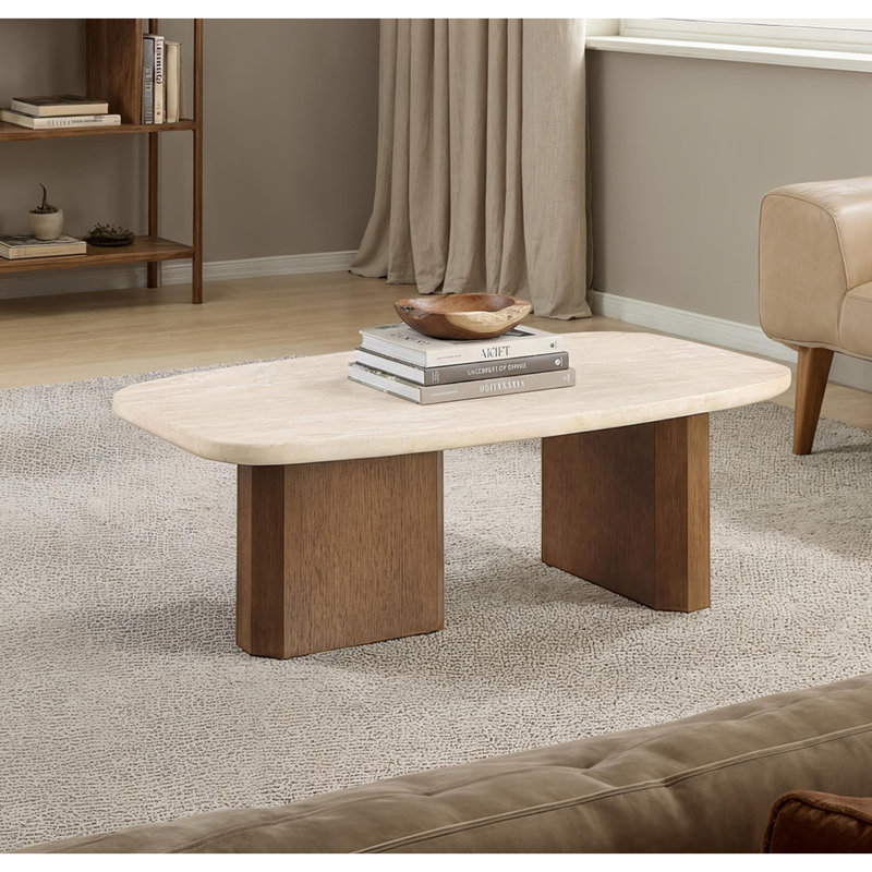Table basse 1pc de style contemporain en forme de travertin jaune et chêne brun