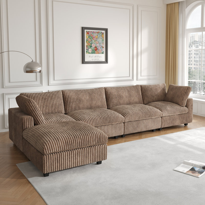 Canapé 5 pièces modulaire à accoudoirs larges avec repose-pieds, Velours brun
