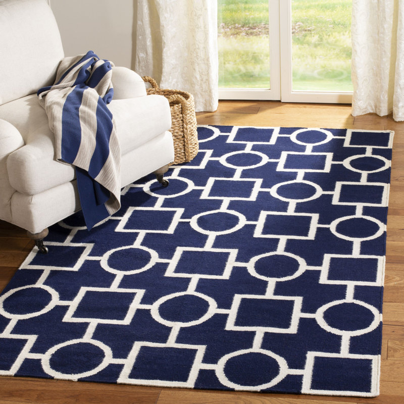 Rodgers Hand Woven Flat Weave Wool/Cotton Geometric Rug in White/Blue, Rectangle 4' x 6'