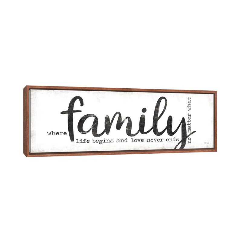 Family Where Life Begins 1 Piece Panoramic Wall Art on Canvas, 30.48 cm H x 91.44 cm W, Brown Floater Frame