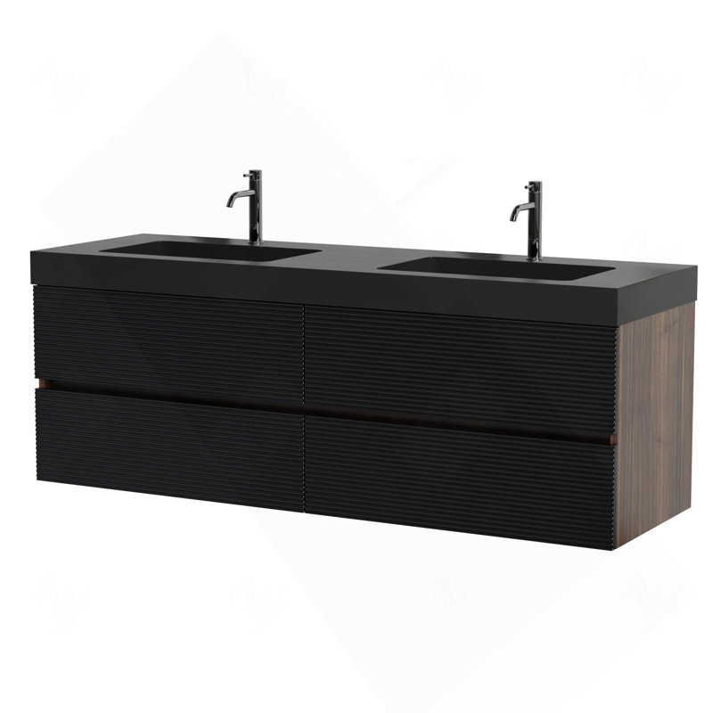 Meuble-lavabo 60 po en noyer avec lavabo en quartz noir mat et tiroirs noirs doux, meuble-lavabo mural flottant, sans drain ni robinet, pré-assemblé