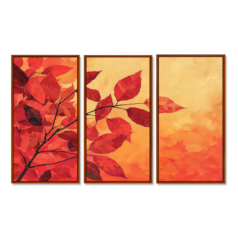 Automne, coucher de soleil et feuille d'érable III - art mural feuilles - ensemble de 3, H 32 po x l 48 po, Brun