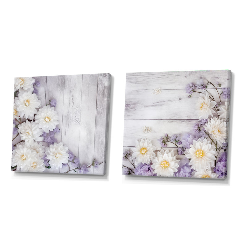 Ensemble de 2 fleurs de magnolia blanches et mauves - collage carré floral, Toile tendue, H 36 po x l 73 po
