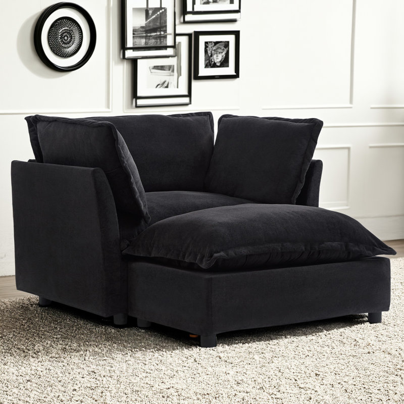 47" Modern Cozy Armchair Sofa with Movable Ottoman, Wide Seat, Curved Armrests, Pillows, Black