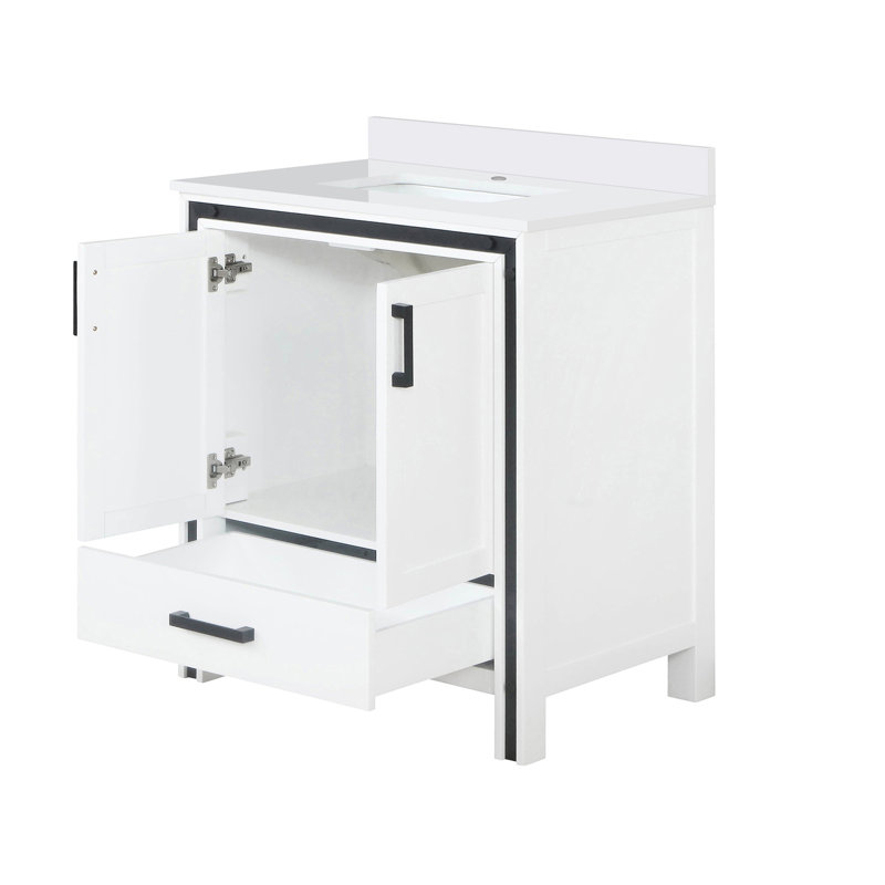 Meuble-lavabo de comptoir blanc en quartz 30 po X P 22 po - Bois massif, fermeture en douceur, résistance aux égratignures et aux taches, armoire intérieure et tiroir de rangement, installation d'un seul robinet possible avec le dessus