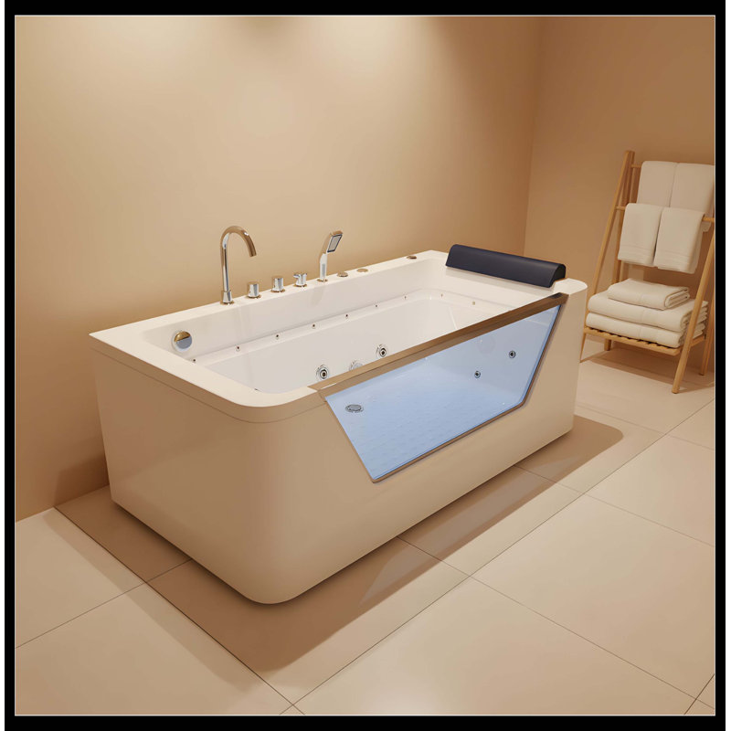 67" Whirlpool Bathtub ,Hydrotherapy Jetted Bathtub with Glass Panel, 7 Jets,3-Side Apron,89 Gallons,White
