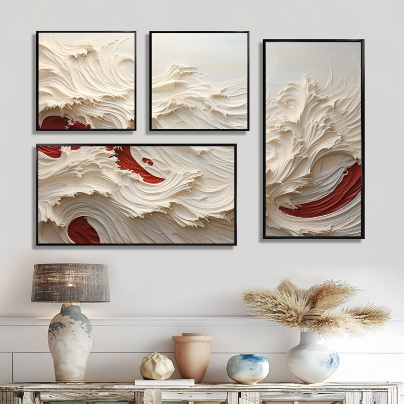 Vague blanche et rouge de style Papercut - impressions sur toile blanches, 4 pièces, Noir