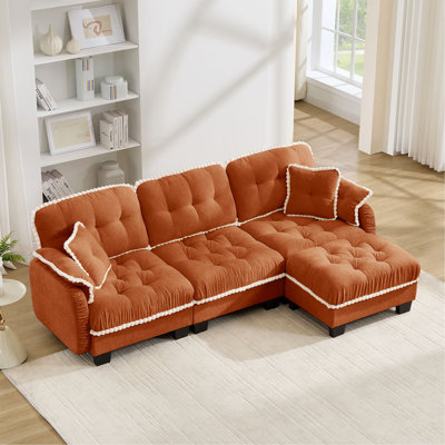 Chenille Cloud  L-Shaped Sofa with 4 Pillows, Movable Ottoman Pom-Pom Trim Quilted Tufted Cushion Ergonomic Design, Easy Assembly Deep Seat Couch, Apartment