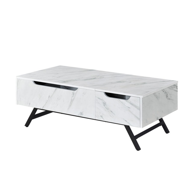 Table basse Throm blanche avec faux grain de marbre et plateau relevable
