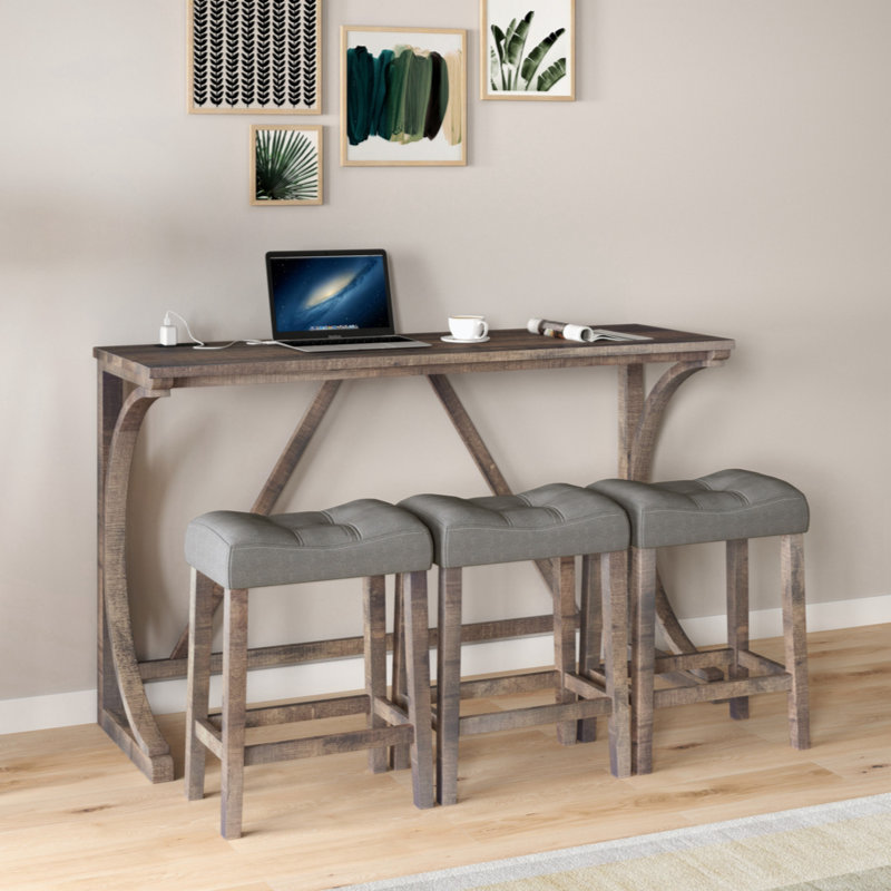 Bar Table Set With Power Outlet, Bar Table And Chairs Set, 4 Piece Dining Table Set, Industrial Breakfast Table Set, For Living Room, Dining Room, Game Room