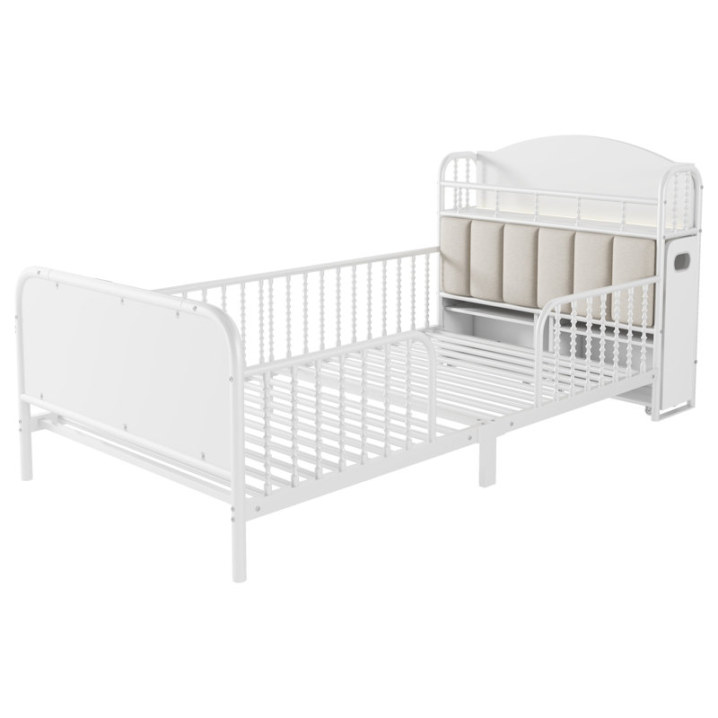 Metal Platform Bed Frame with Light, Kids Twin Metal Bed with Upholstered and Pull Out Storage Shelves, White