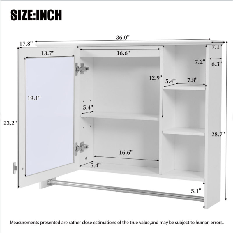 Armoire à pharmacie murale l 36 "x P 7,1" avec charnières à fermeture douce, tablette et support réglables, Blanc
