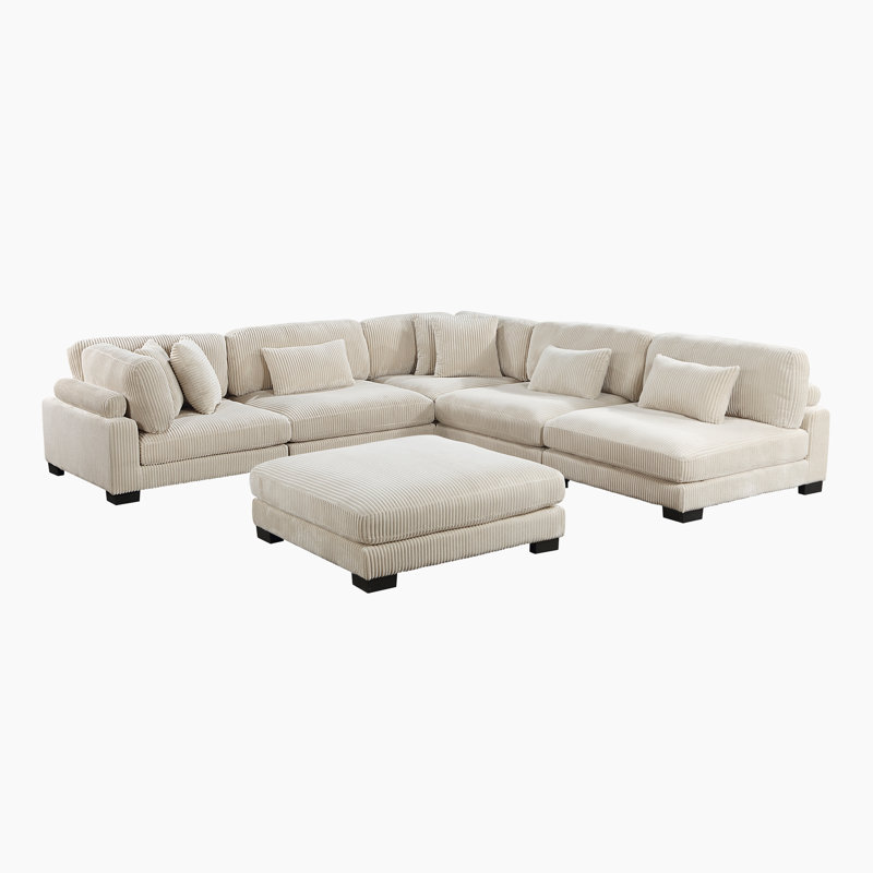Brinsley 135”W Modern Track Arm Modular Sectional Sofa, Beige Corduroy