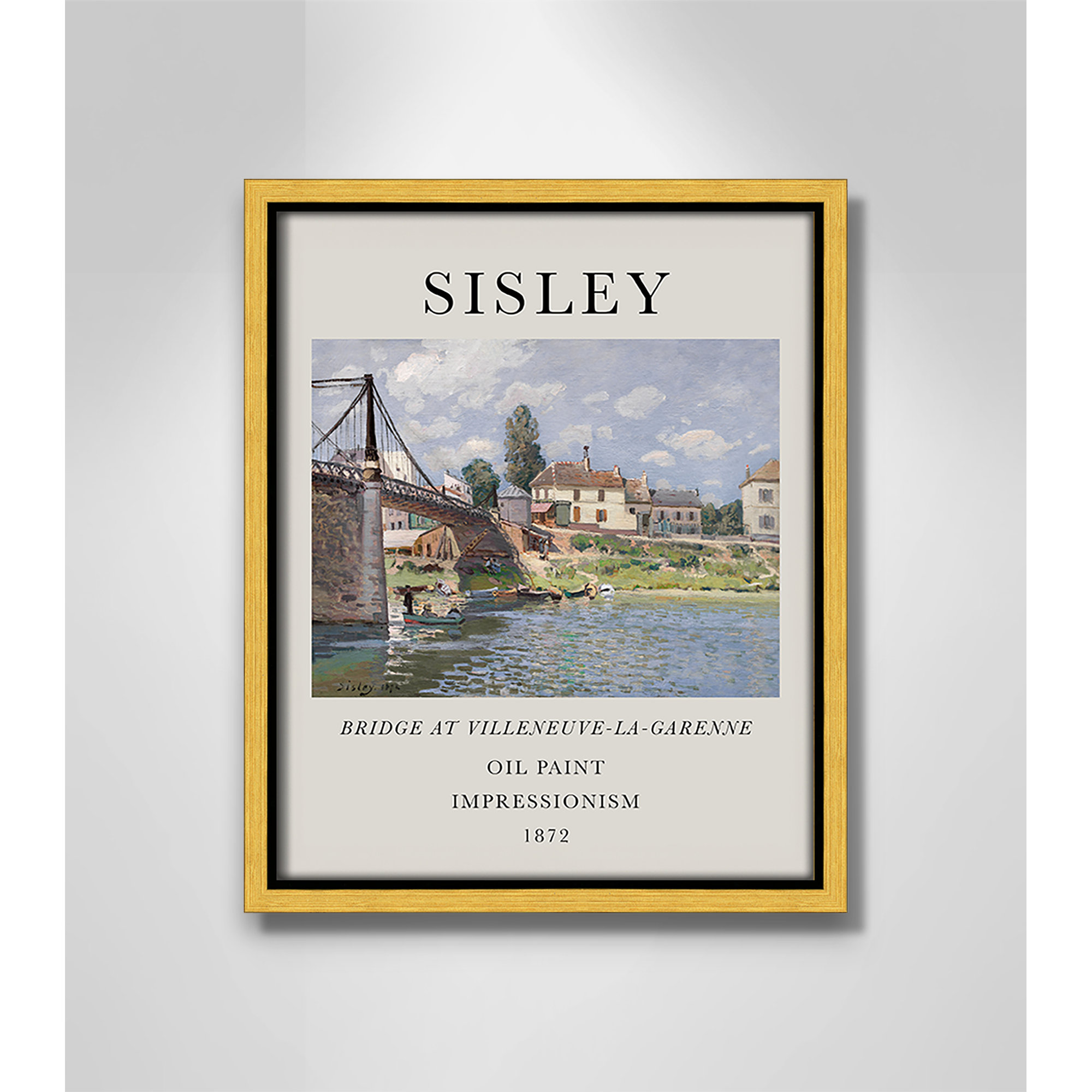 Old Masters Collection " The Bridge At Villeneuve " by Alfred Sisley, Gold Floater Frame, 11.5" H x 9.5" W x 2" D, No