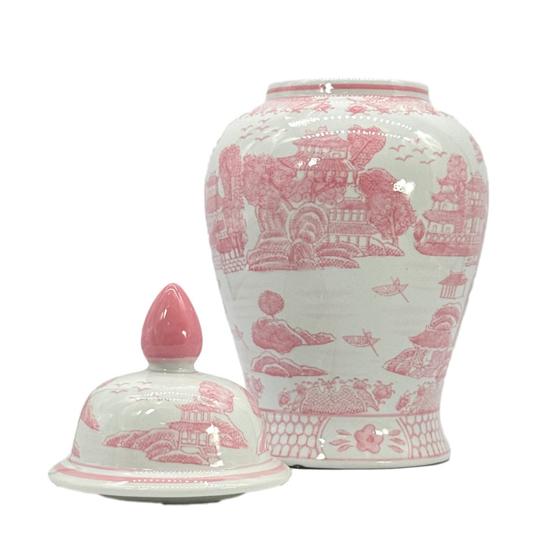 Pot en céramique rose et blanc de style chinoiserie 45,7 cm