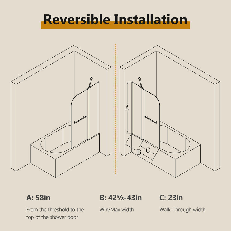 43"W x 58"H Frameless Folding Tub Door with 1/4" Clear Glass