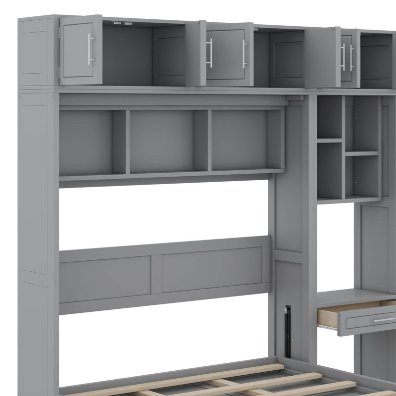 Lit escamotable mural avec bureau, armoire supérieure et tablettes de rangement, Gris, Grand lit