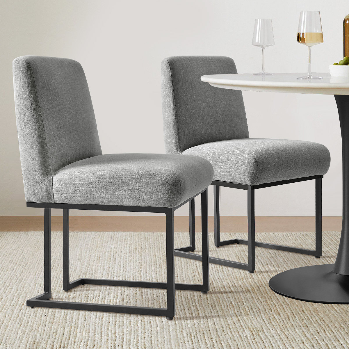 Bende Modern Fabric Upholstered Side Chairs with Metal Sled Base, Gray